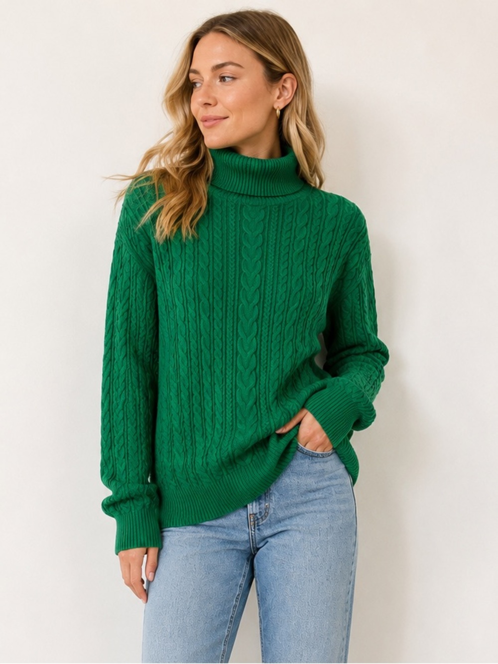 Lands' End Green Cable Knit Turtleneck Sweater